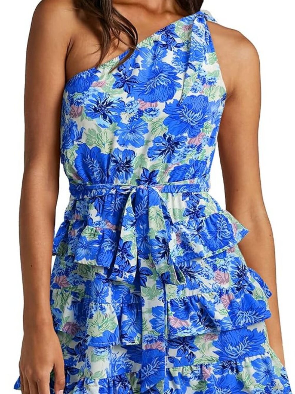 BTFBM Women One Shoulder Blue Floral Summer Dress - Picture 4 of 9